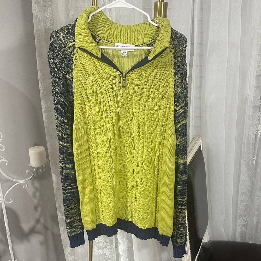 Stylish Lime and Navy Cable Knit Turtleneck Sweater